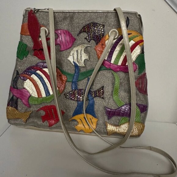 Vintage 80s Sharif Shoulder Tropical Fish Multicolored Purse Handbag - Picture 2 of 16